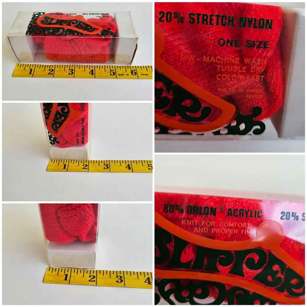 Orlon Slipper Socks Red Stretch Knit Nylon PomPom Vintage 70s One Size Vtg
